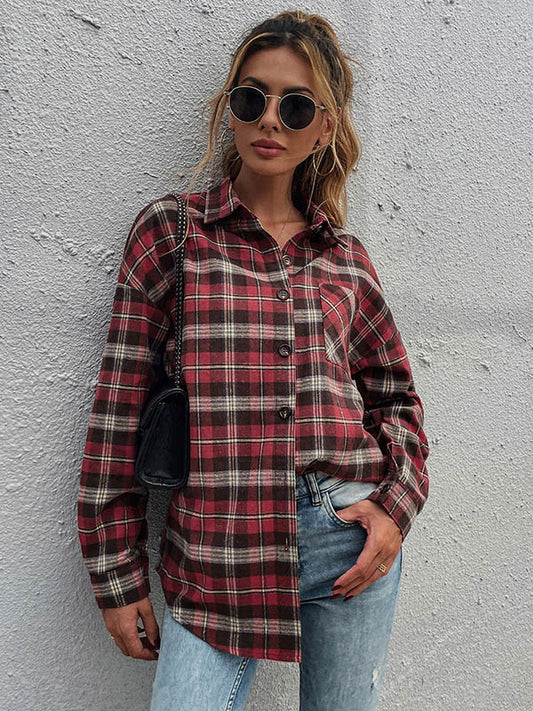 Casual Red Plaid Split-Joint With Pocket Buttoned Lapel Collar Blouse