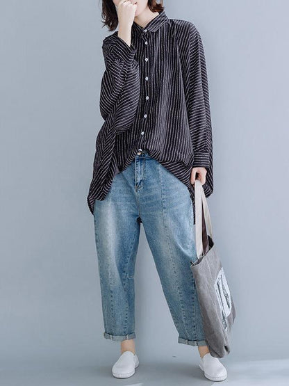Loose Batwing Sleeves Striped Blouse