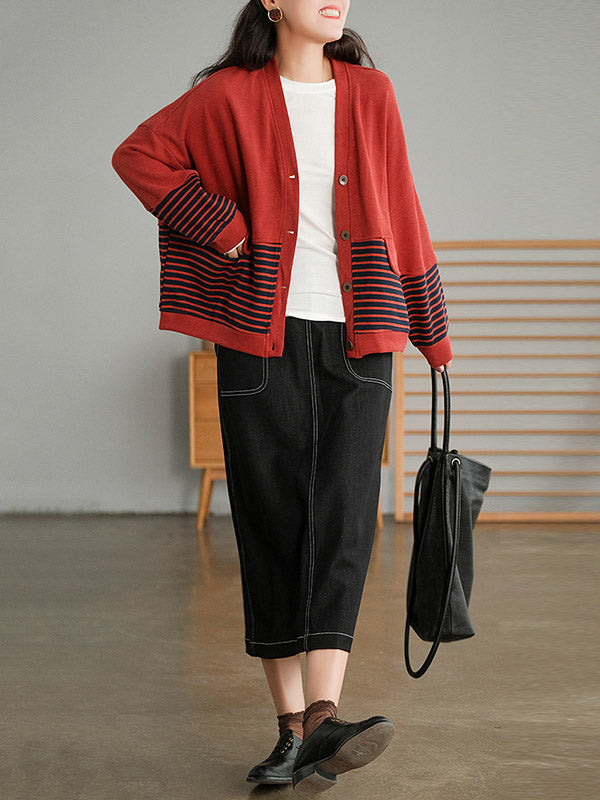 Casual Striped Buttoned V-Neck Batwing Sleeve Outerwear