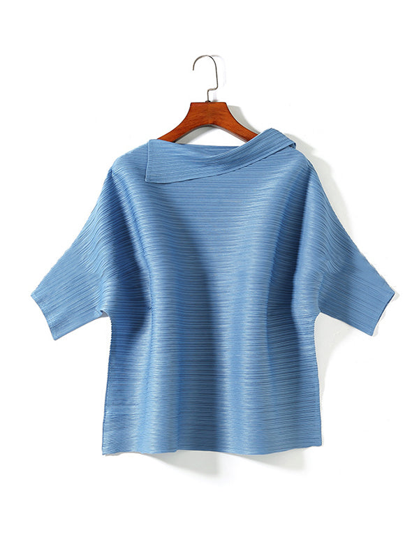 Original Pleated Solid Color Lapel Collar T-Shirt Top
