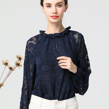 Chiffon Long Sleeve Round Neck Plus Size Shirt