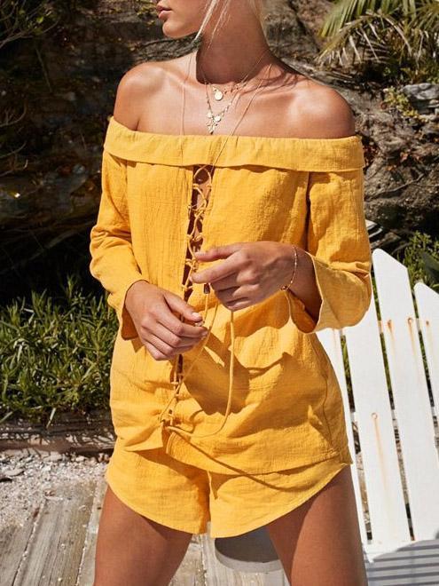 Solid Color Off Shoulder Hollow Tops And Short Bottoms
