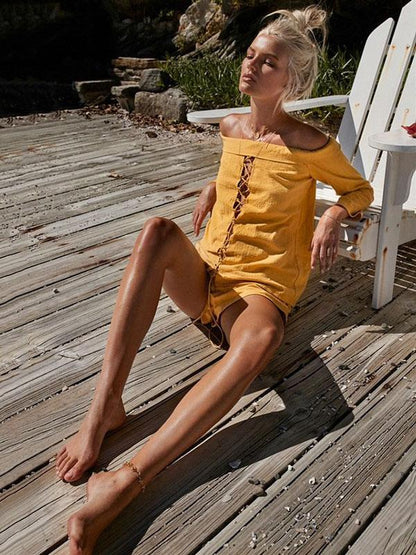 Solid Color Off Shoulder Hollow Tops And Short Bottoms