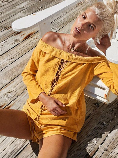 Solid Color Off Shoulder Hollow Tops And Short Bottoms