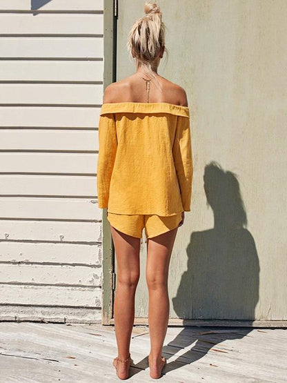 Solid Color Off Shoulder Hollow Tops And Short Bottoms