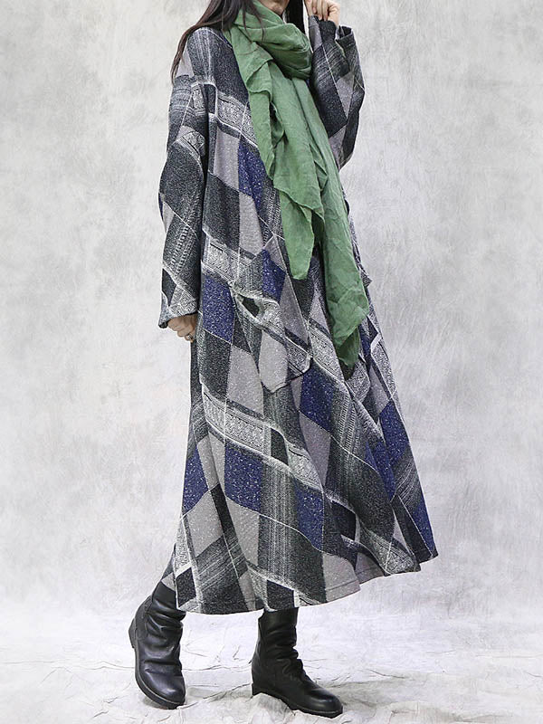 Artistic Retro Plaid Drawstring Hooded Midi Dress