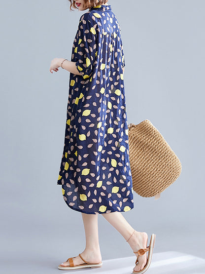 Artistic Retro Loose Contrast Color Printed Midi Shirt Dress
