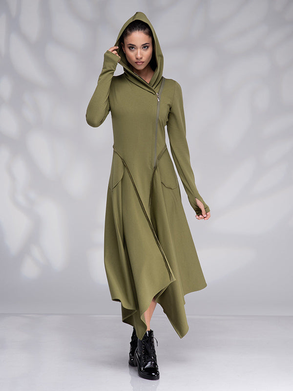 Original Solid Color Zipper Hooded Long Sleeves Midi Dress