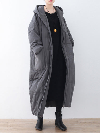 Simple White Duck Down Over Knee Solid Color Zipper Hooded Down Wear Coat