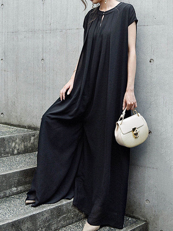 Stylish Chiffon Pleated Hollow Round-Neck Wide Leg Jumpsuits