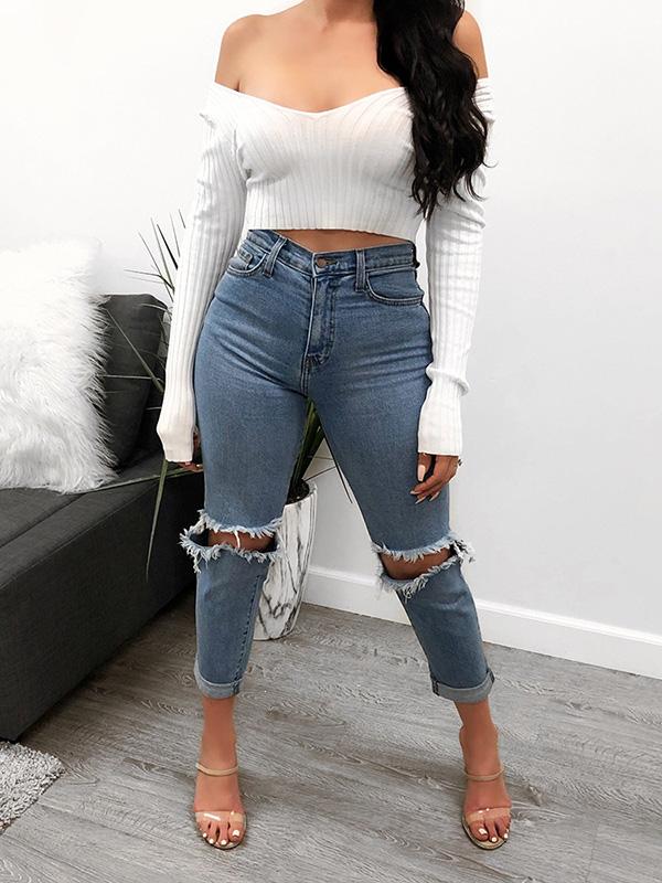 Solid Bare Midriff Off-the-shoulder Tee
