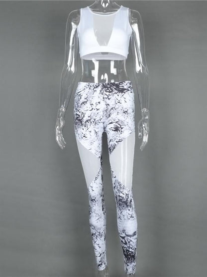 Wash Painting Printed Mesh Paneled Sports Bra And Leggings Suit