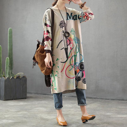 Buykud Round Collar Printed Loose Long Sleeve Dress