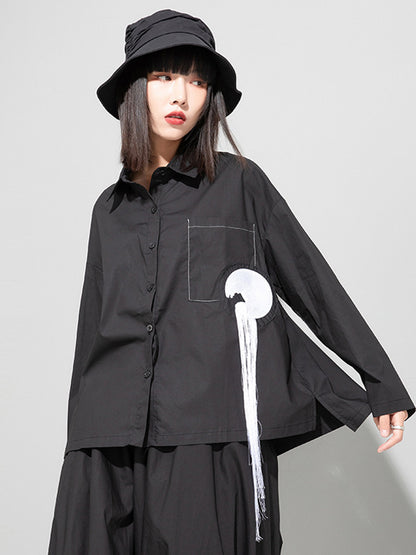 Original Stylish Split-Joint With Pocket Buttoned Tasseled Lapel Collar Long Sleeves Blouse