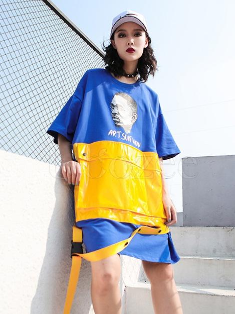 Loose Split-joint Color-block Pocket T-shirt
