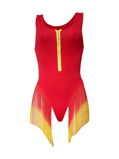 Gradient Tassels Zipper One Piece Swimsuit