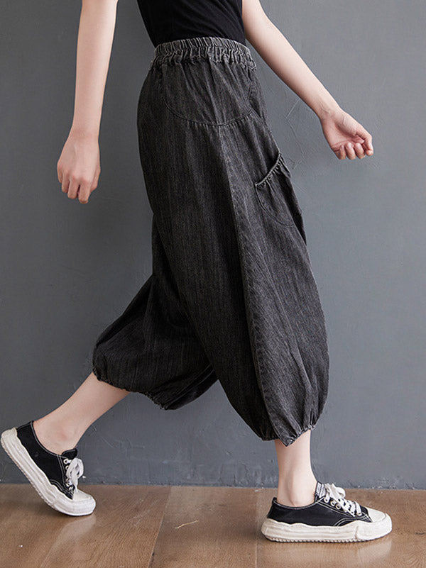 Loose Casual Elasticity High-Waist Wide Legs Jean Pants Knickerbockers