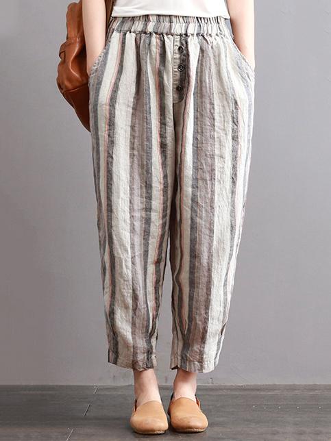 Ramie Cotton Vintage Striped Harem Linen Pants