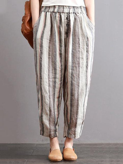 Ramie Cotton Vintage Striped Harem Linen Pants