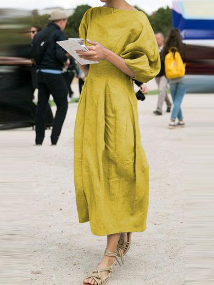 Ramie Cotton Lantern Sleeve Maxi Dress