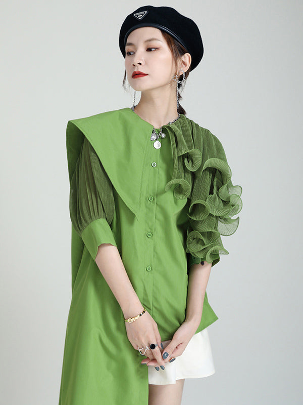 Stylish Irregular 4 Colors Split-Joint Pleated Mesh Falbala Buttoned Lapel Collar Bishop Sleeves Blouse