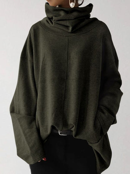 Casual Loose Solid Color Heaps Collar Long Sleeves T-Shirt Tops