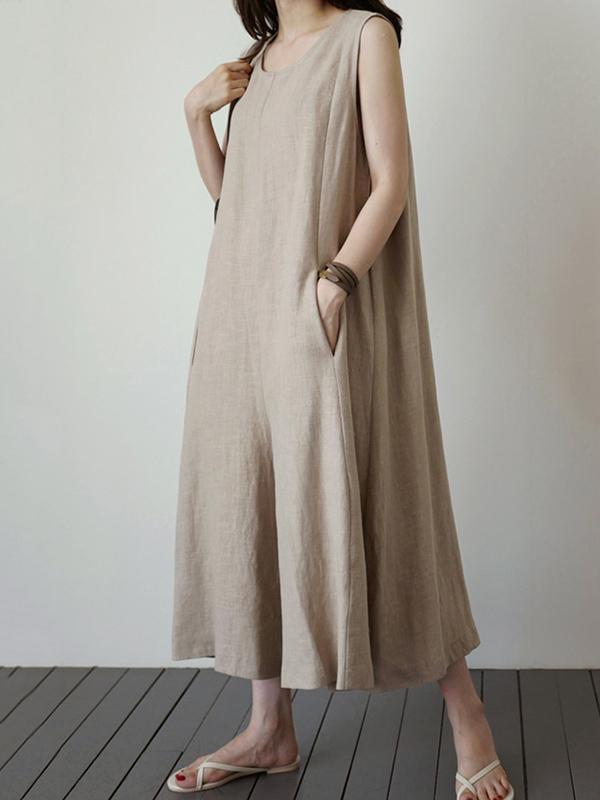 Light Khaki Loose Sleeveless Round-neck Wide Leg Jumpsuits