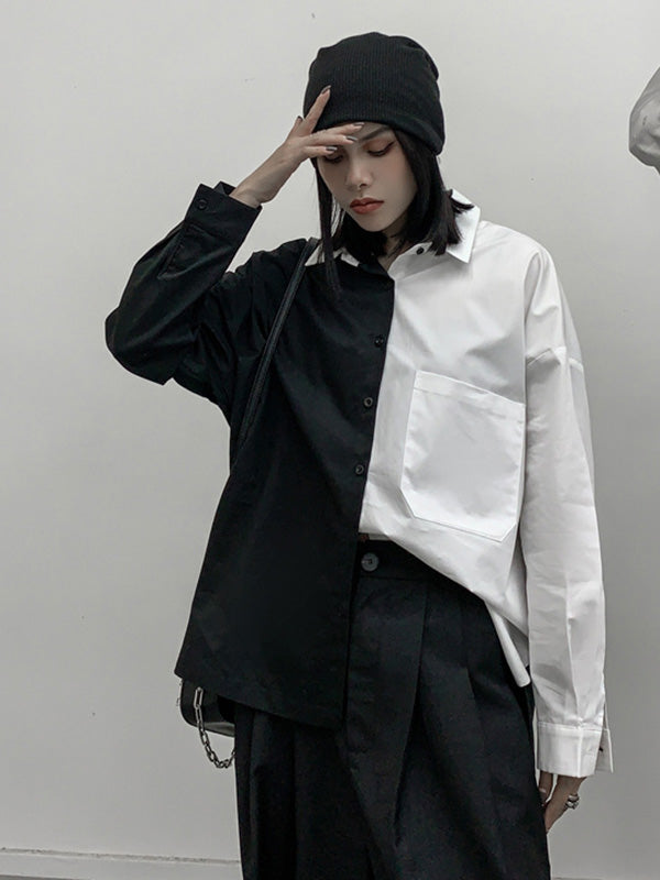 Stylish Contrast Color Split-Joint With Pocket Buttoned Lapel Color Long Sleeves Blouse
