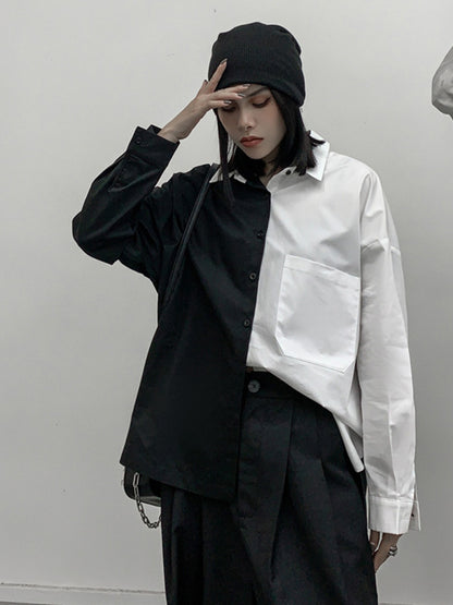 Stylish Contrast Color Split-Joint With Pocket Buttoned Lapel Color Long Sleeves Blouse