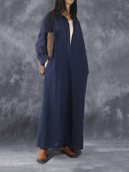 Loose Navy-blue Striped V-neck Lapel Long Dress