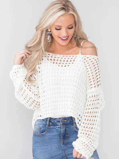 White Long Sleeve Hollow Blouses&Shirts Tops
