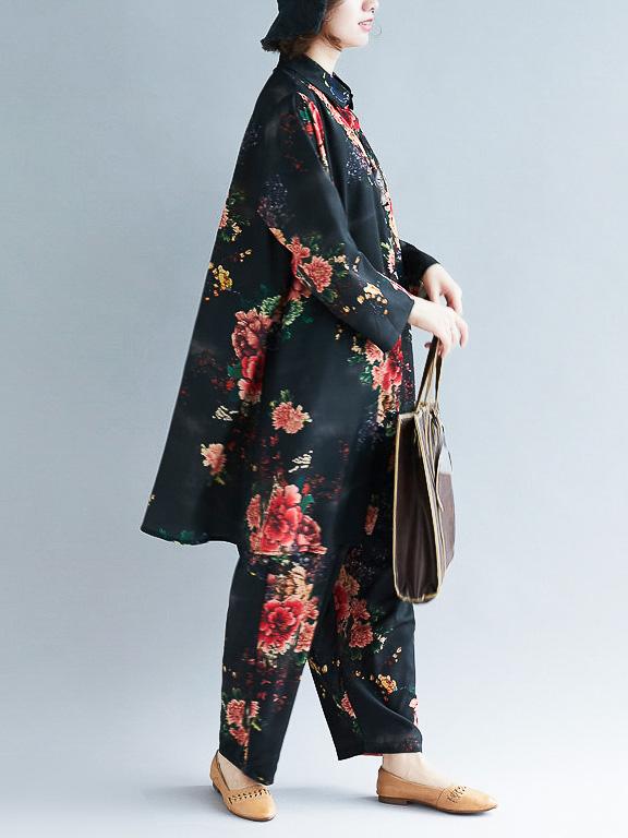 Loose Black Flower Print Lapel Long Sleeves Blouse + Pants Suits