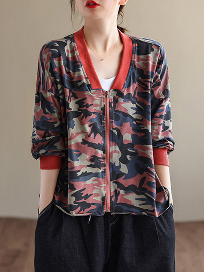 Casual Zipper V-Neck Camouflage Printed Long Sleeves Outerwear