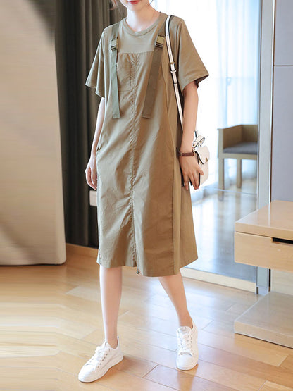 Original Casual Loose Solid Color Split-Joint Round-Neck Half Sleeves False Two Midi Dress