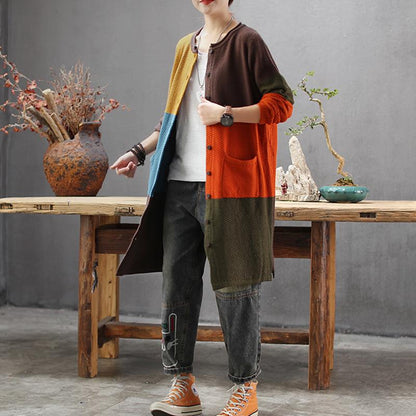 Buykud Retro Loose Colorblock Single-breasted Long Coat
