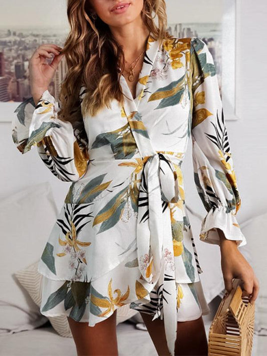 Floral Flared Sleeves V-neck Mini Dress