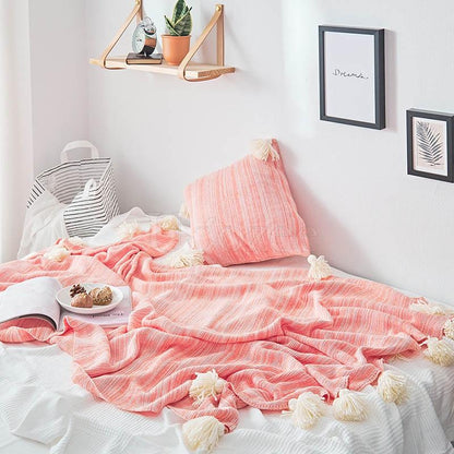 Tasseled Pompom Triming Knit Blankets