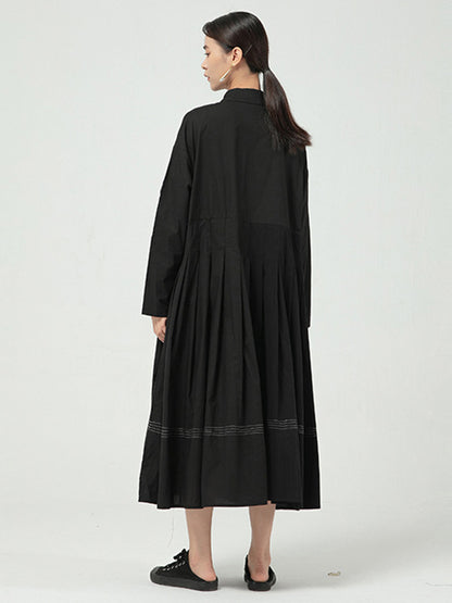 Casual Solid Color Buttoned Pleated Lapel Collar Long Sleeves Midi Dress