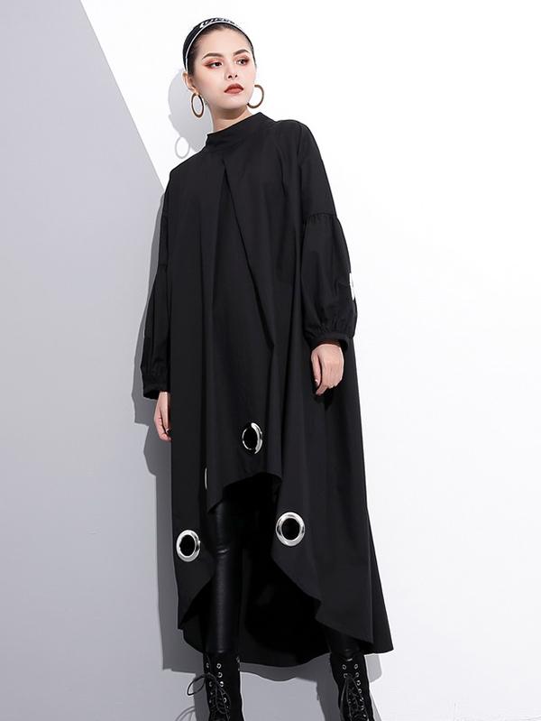 Black Loose High-low Hollow A-line Dress