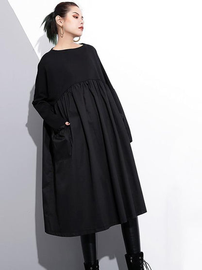 Loose Black Split-joint Long Sleeves Dress