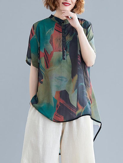 Chiffon Printed Short Sleeves Shirt + Wide Leg Pants Suits