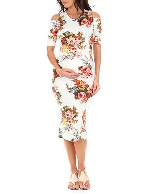 Maternity Printed Cold Shoulder Round-neck Midi Dress