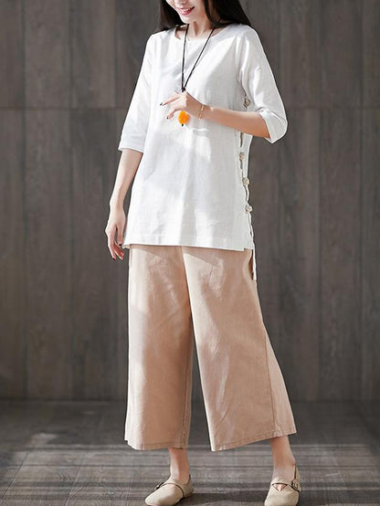 Solid Short Sleeves Shirt + Straight Leg Pants