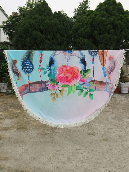 Floral Printed Tasseled Round Beach Mat