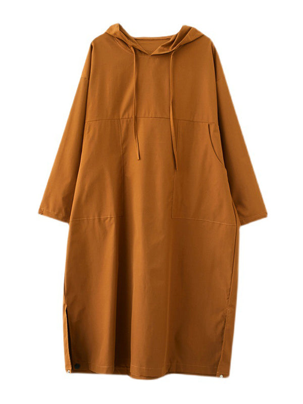 Casual Split-Side Solid Color Hooded Drawstring Long Sleeves Midi Dress