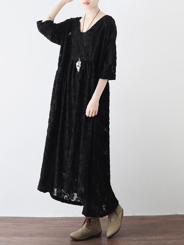 Loose Lace Hollow Cropped V-Neck Long Dress