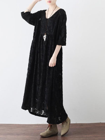 Loose Lace Hollow Cropped V-Neck Long Dress