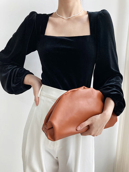 Urban Pleuche Solid Color Pleated Square-Neck Bishop Sleeves T-Shirt
