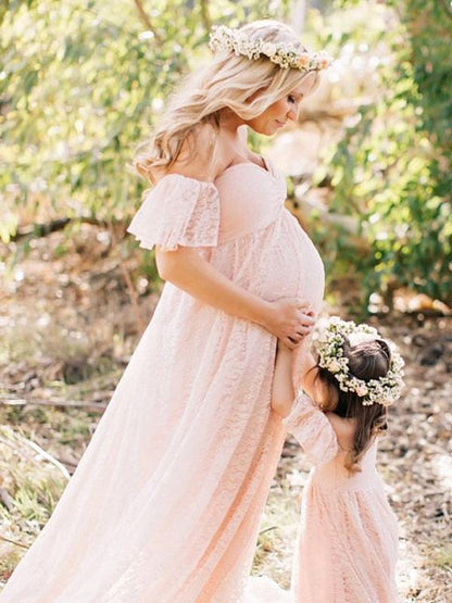 Maternity Lace Falbala Sleeve Maxi Dress