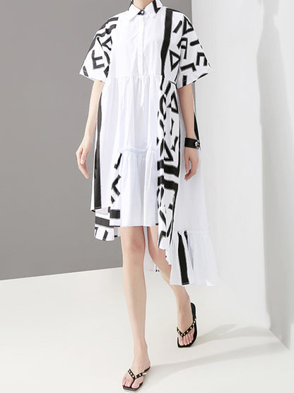 Loose Asymmetric Printed High-Low Lapel Split-Joint Midi Dress